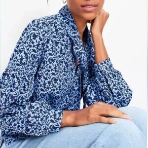 LOFT Shadow Floral Tie Neck Blouson Sleeve Blouse Size XS